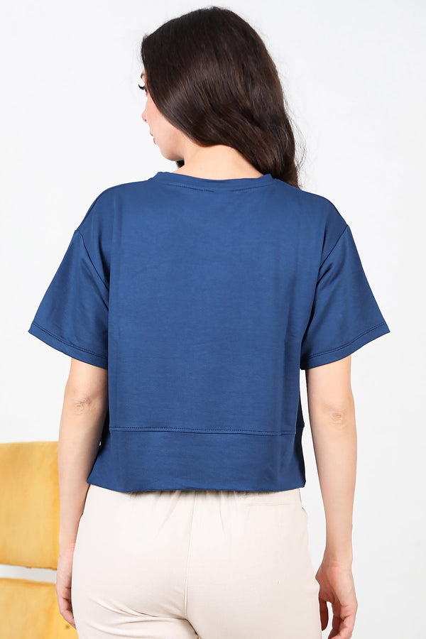 T - Shirt Met Ronde Hals En Zijsplit – Donkerblauw
