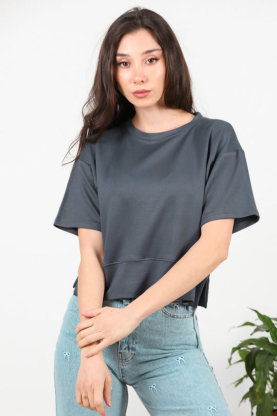 T - Shirt Met Ronde Hals En Zijsplit – Antraciet