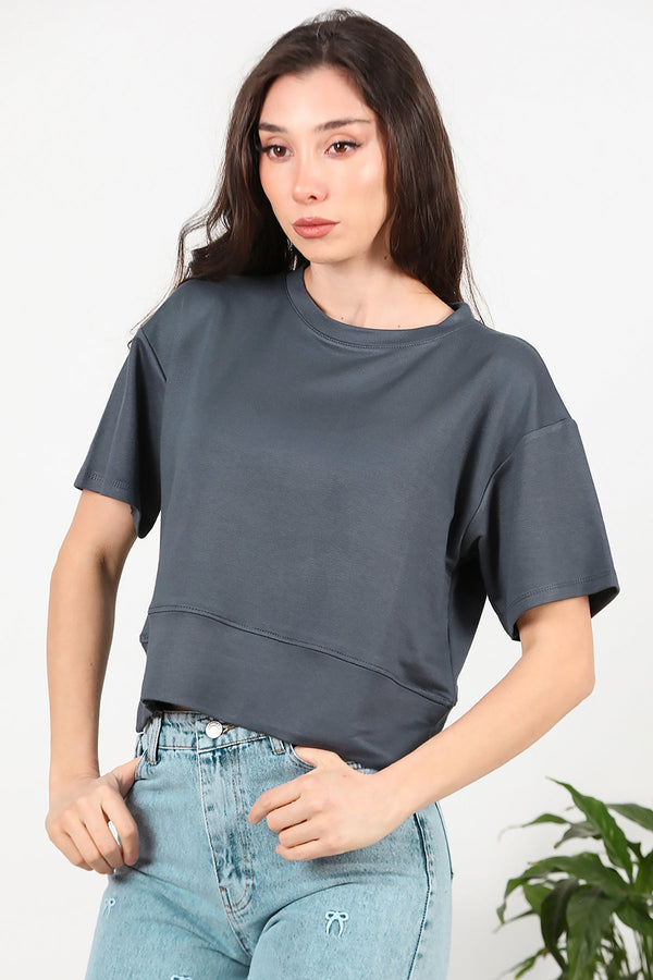 T - Shirt Met Ronde Hals En Zijsplit – Antraciet