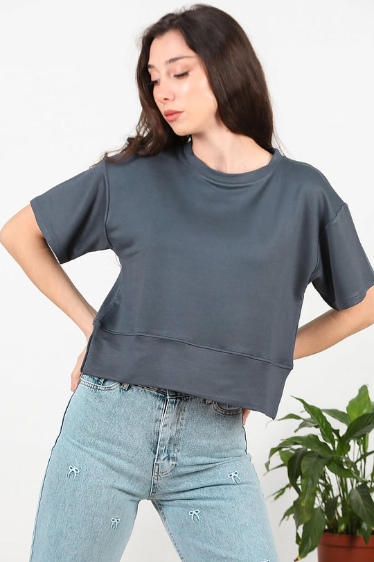 T - Shirt Met Ronde Hals En Zijsplit – Antraciet