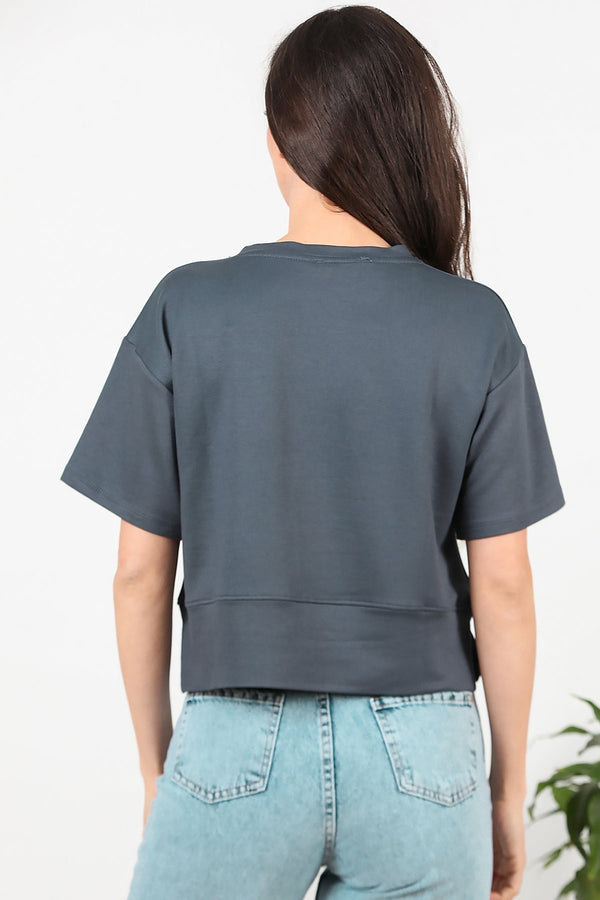 T - Shirt Met Ronde Hals En Zijsplit – Antraciet
