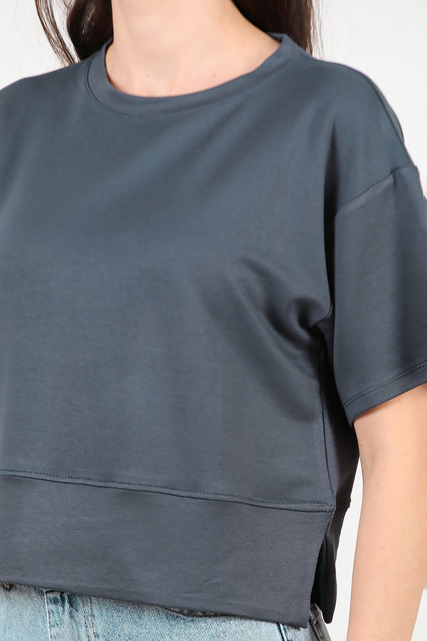 T - Shirt Met Ronde Hals En Zijsplit – Antraciet