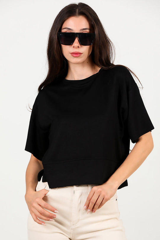 T - Shirt Met Ronde Hals En Zijsplit — Zwart