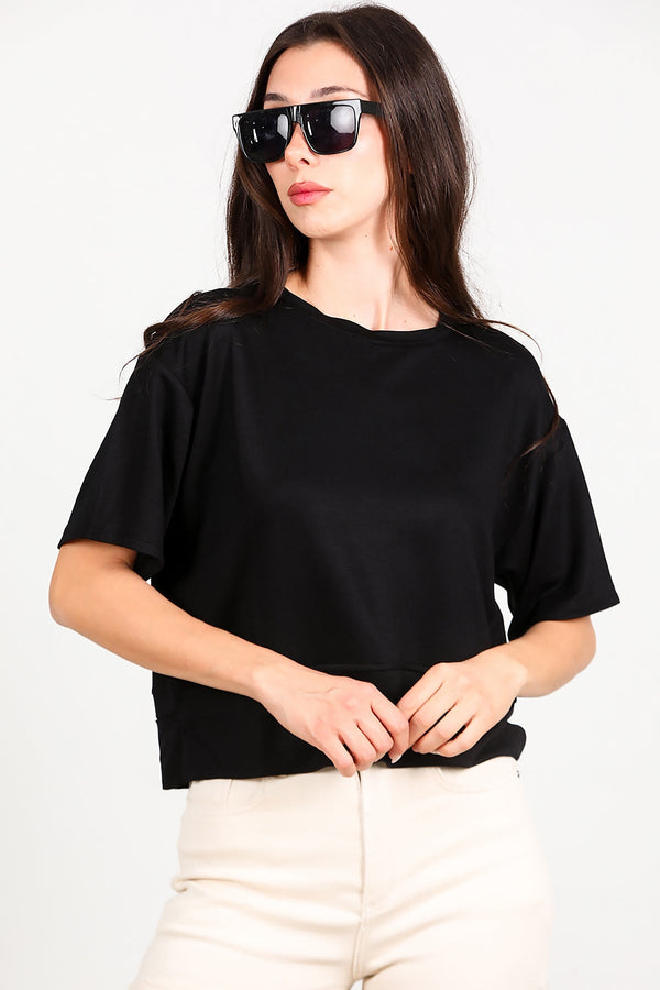 T - Shirt Met Ronde Hals En Zijsplit — Zwart