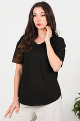 T - Shirt Col V À Ourlet Ovale — Noir
