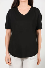 T - Shirt Col V À Ourlet Ovale — Noir