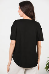 T - Shirt Col V À Ourlet Ovale — Noir