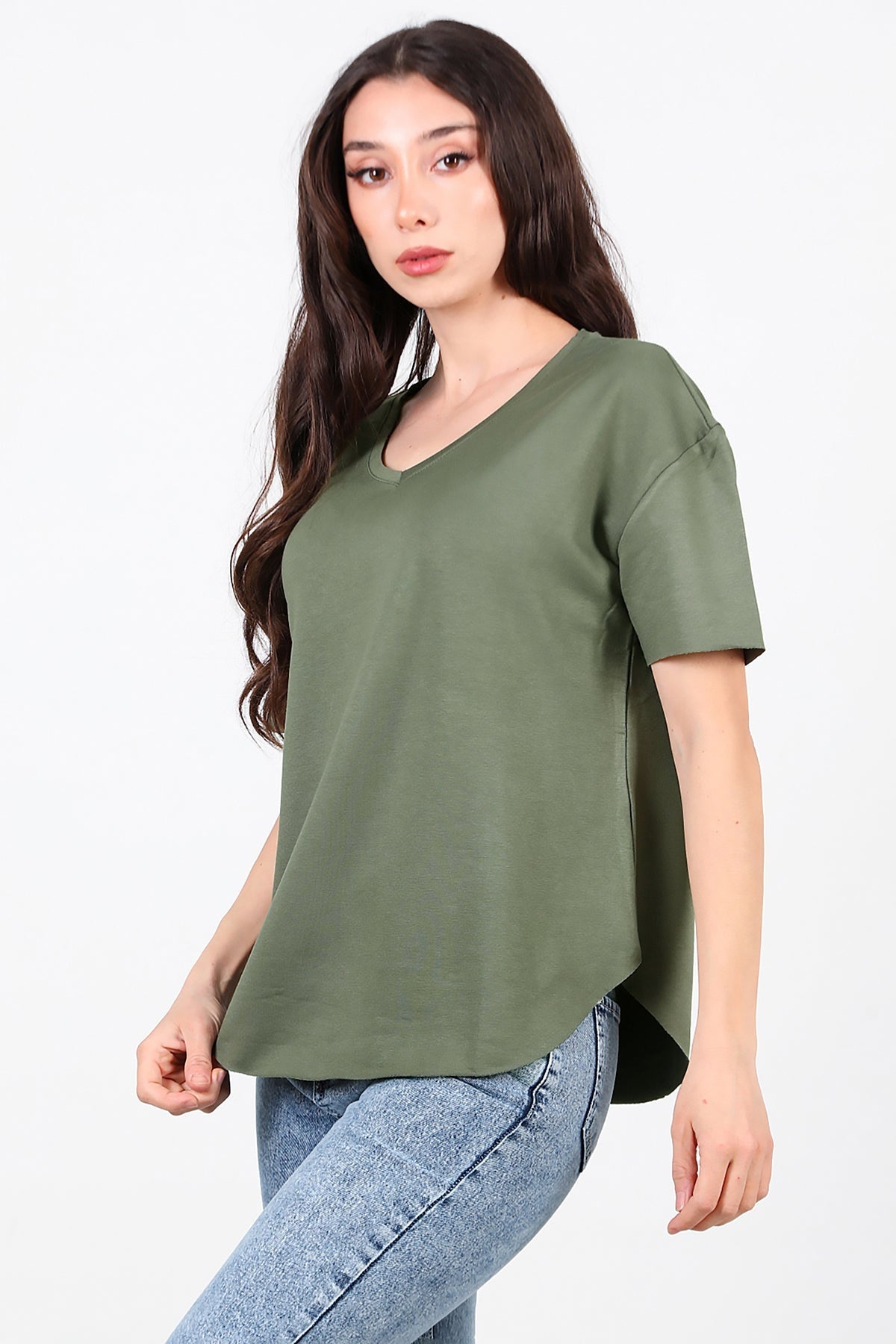 T - Shirt Met V - Hals En Ovalen Zoom — Khaki