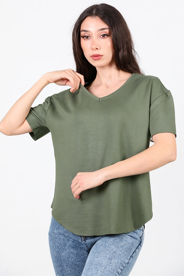 T - Shirt Met V - Hals En Ovalen Zoom — Khaki