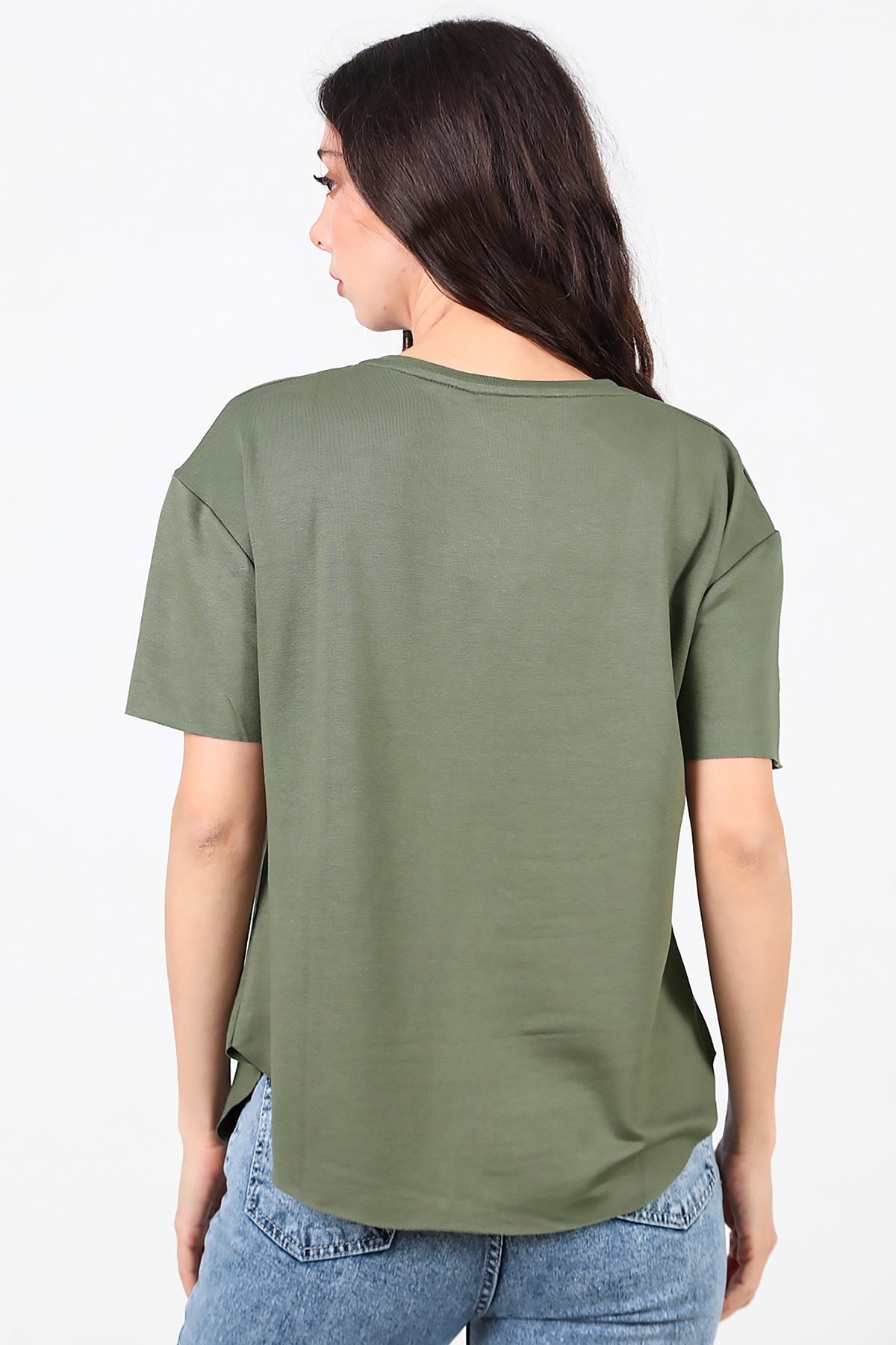 T - Shirt Met V - Hals En Ovalen Zoom — Khaki