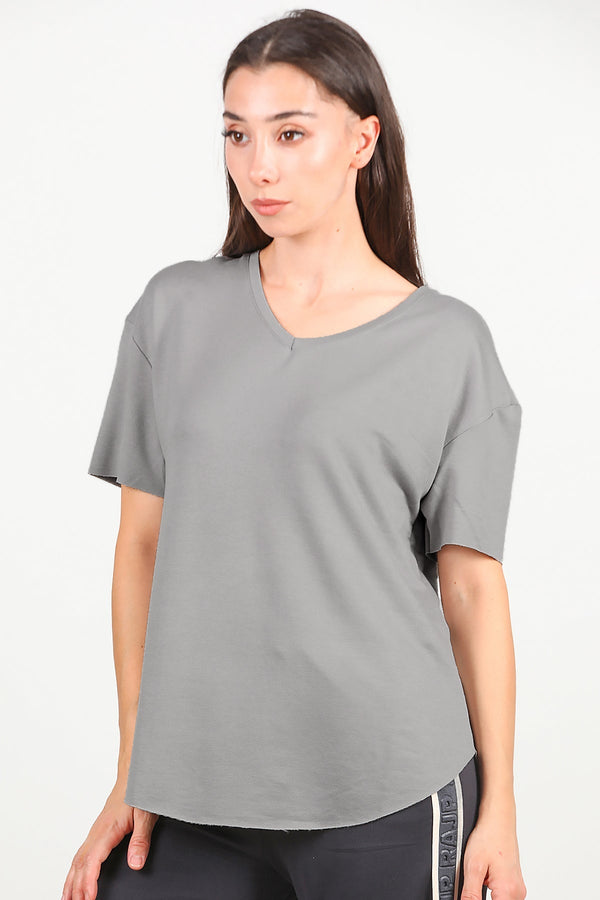 T - Shirt Met V - Hals En Afgeronde Zoom, Grijs