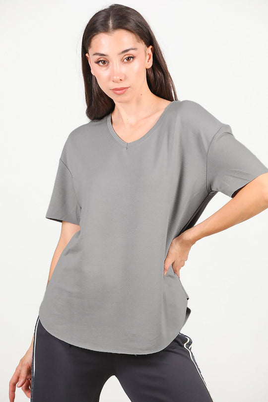 T - Shirt Met V - Hals En Afgeronde Zoom, Grijs