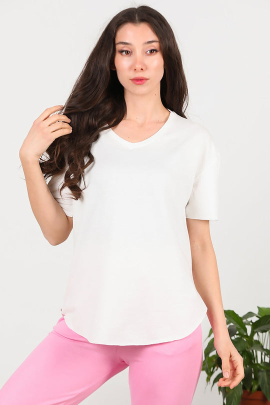 T - Shirt Met V - Hals En Afgeronde Zoom, Ecru