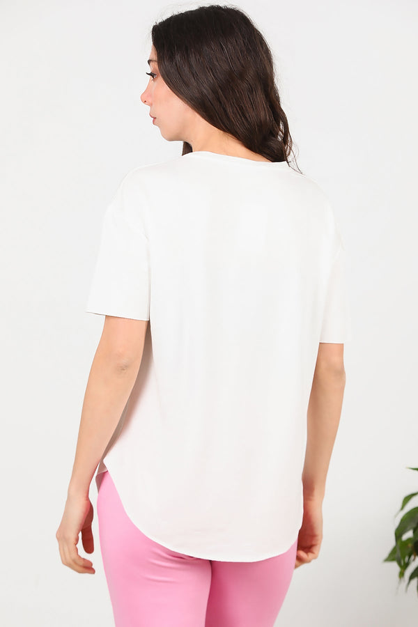 T - Shirt Met V - Hals En Afgeronde Zoom, Ecru