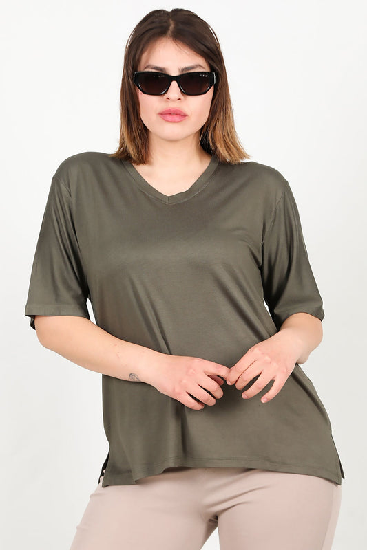 Kurzarmbluse In Khaki – Große Größen