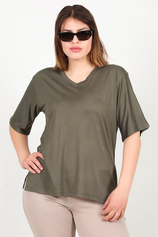 Blouse Met Korte Mouwen In Kaki – Grote Maten