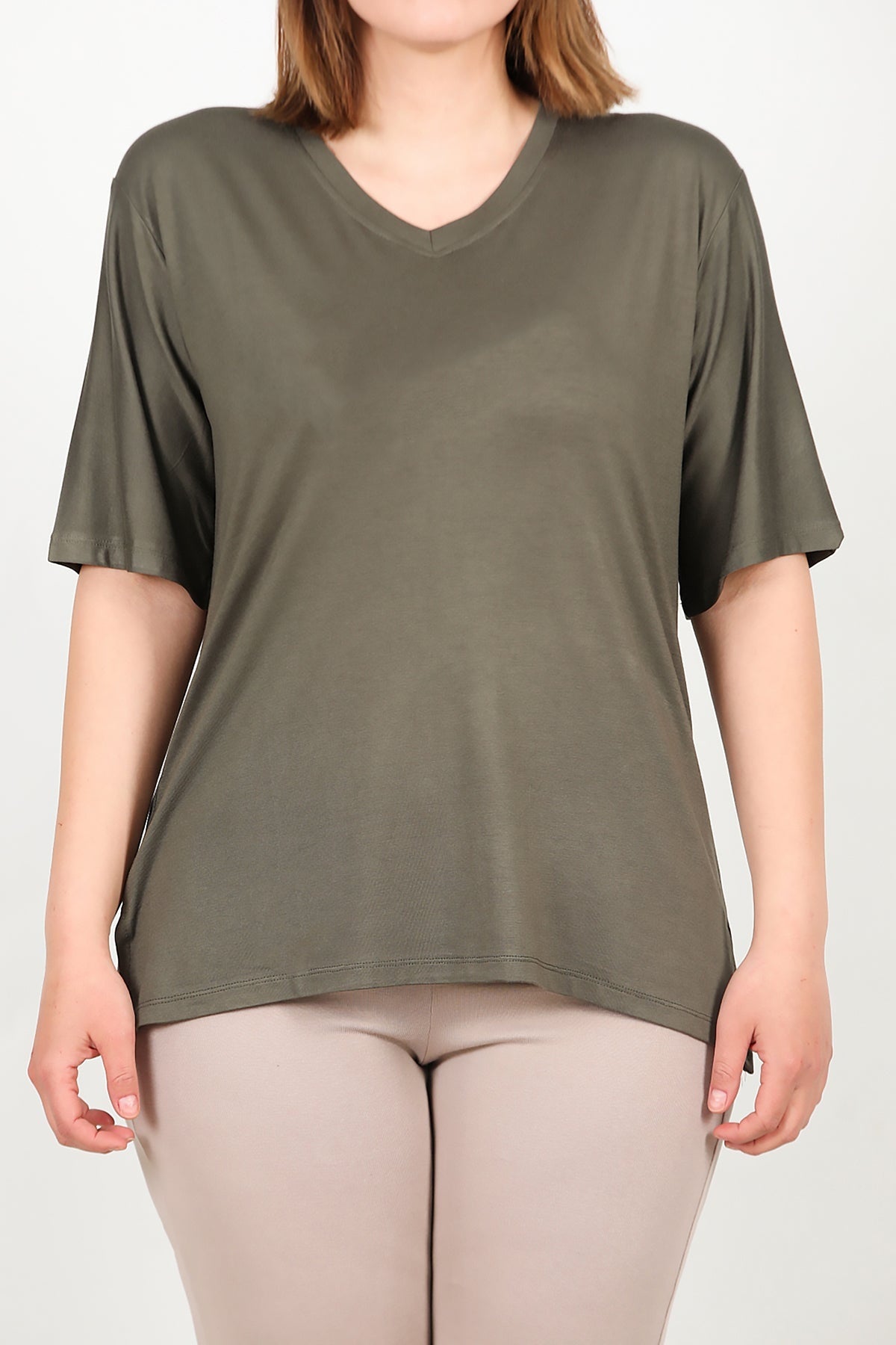 Blouse Met Korte Mouwen In Kaki – Grote Maten