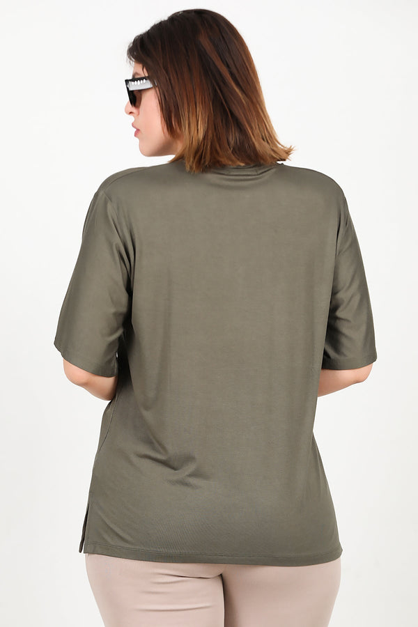 Blouse Met Korte Mouwen In Kaki – Grote Maten