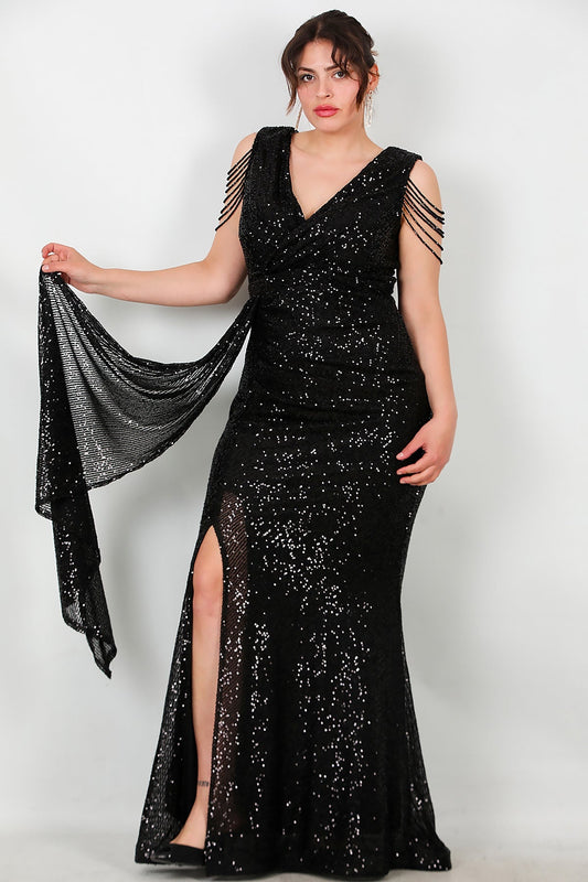 Plus - Size Long Sequin Evening Dress With Shoulder Chain — Black