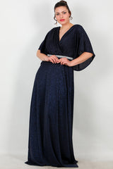 Robe De Soirée Grande Taille, Bande À La Taille Ornée De Pierres — Bleu Marine