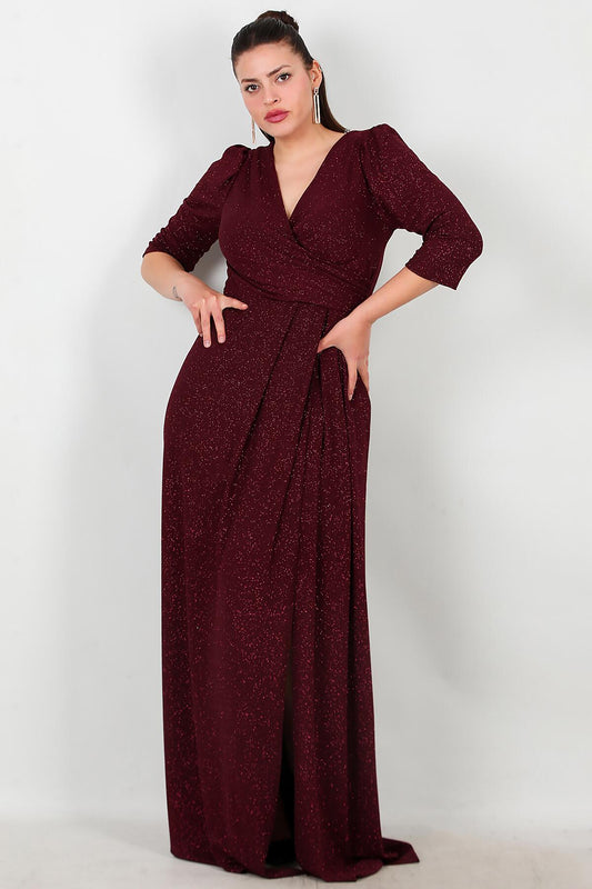 Plus - Size Sparkle Long Evening Dress, Elbow Sleeves — Burgundy