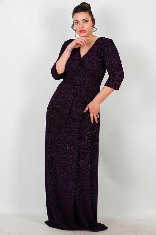 Plus - Size Sparkle Long Evening Dress, Elbow Sleeves — Purple