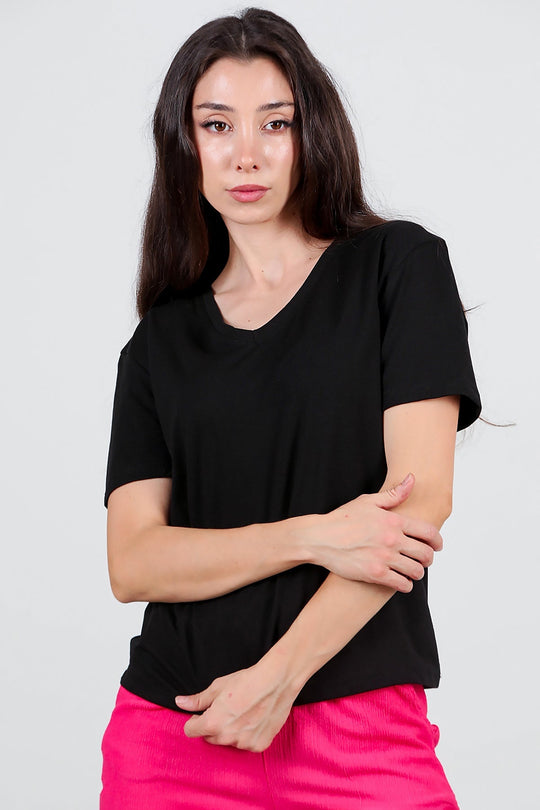 T - Shirt Met V - Hals – Zwart