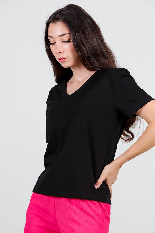 T - Shirt Met V - Hals – Zwart