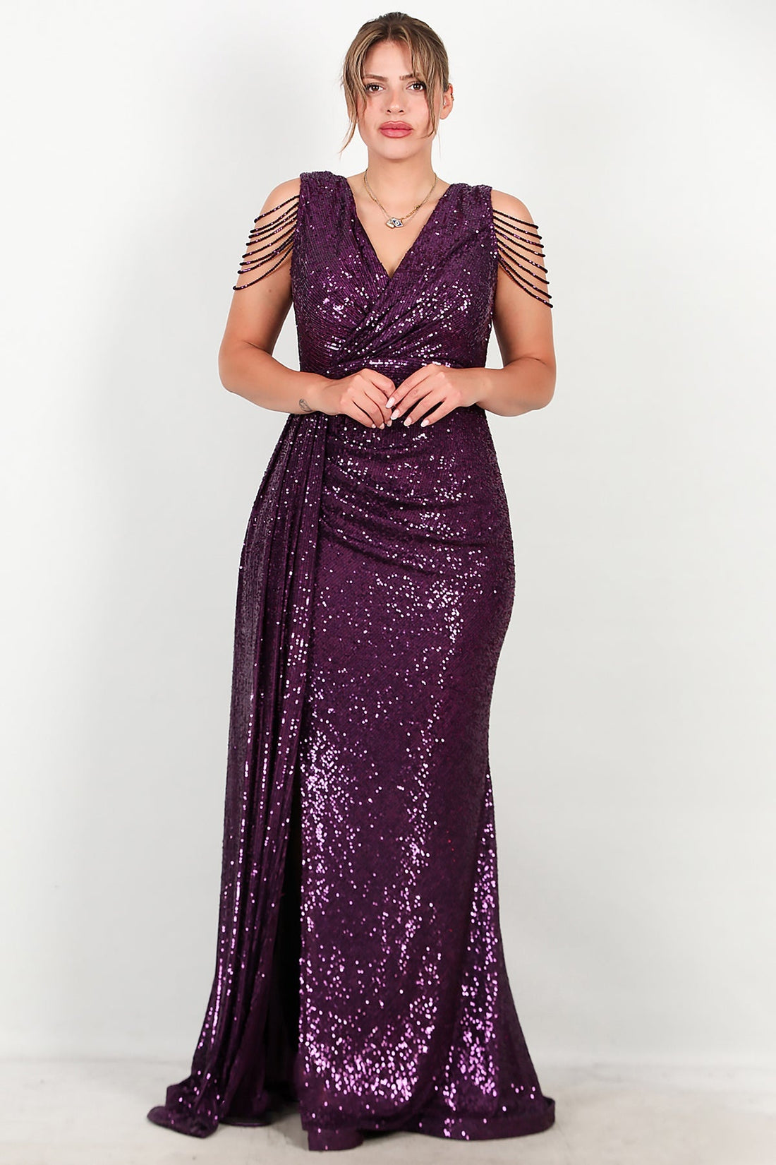 Robe De Soirée Longue Grande Taille À Sequins Et Chaîne Aux Épaules — Violet