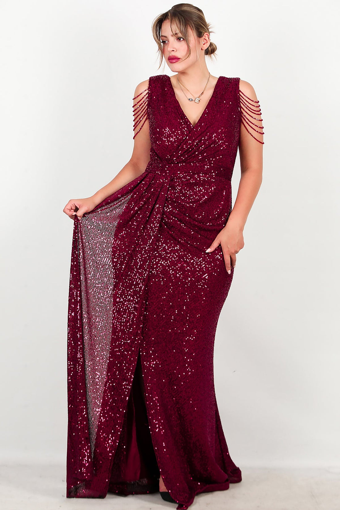 Robe Longue À Sequins Bordeaux, Grande Taille, Détail Chaîne Aux Épaules