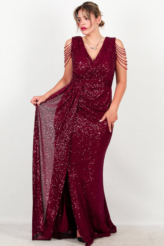 Plus - Size Burgundy Sequin Maxi Evening Dress With Shoulder Chain