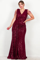 Robe Longue À Sequins Bordeaux, Grande Taille, Détail Chaîne Aux Épaules