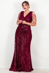 Robe Longue À Sequins Bordeaux, Grande Taille, Détail Chaîne Aux Épaules