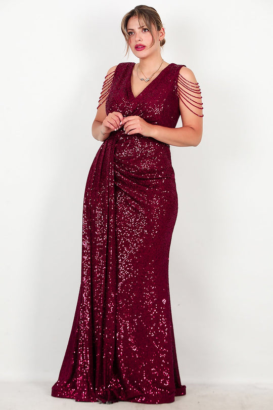 Plus - Size Bordeaux Pailletten Maxi - Jurk Met Schouderketting