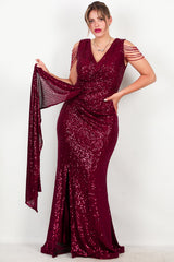 Robe Longue À Sequins Bordeaux, Grande Taille, Détail Chaîne Aux Épaules