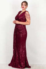 Robe Longue À Sequins Bordeaux, Grande Taille, Détail Chaîne Aux Épaules