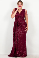 Robe Longue À Sequins Bordeaux, Grande Taille, Détail Chaîne Aux Épaules