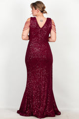 Robe Longue À Sequins Bordeaux, Grande Taille, Détail Chaîne Aux Épaules