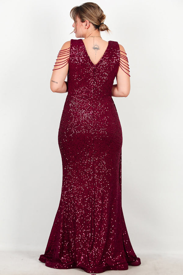 Plus - Size Bordeaux Pailletten Maxi - Jurk Met Schouderketting
