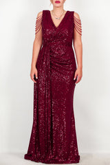 Robe Longue À Sequins Bordeaux, Grande Taille, Détail Chaîne Aux Épaules