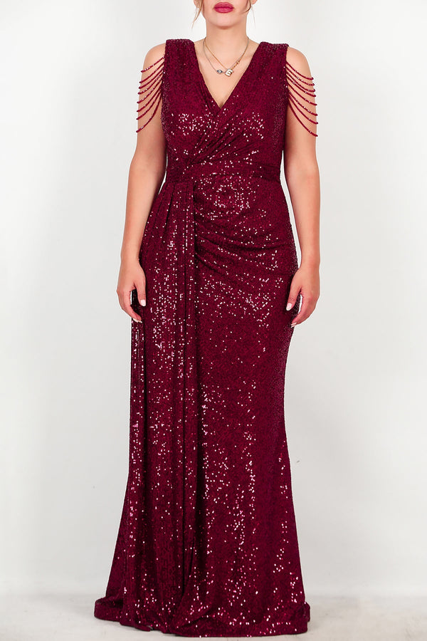 Plus - Size Bordeaux Pailletten Maxi - Jurk Met Schouderketting