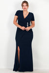 Marineblauwe Glitter - Avondjurk Met Versierde Taille, Korte Mouw — Grote Maten