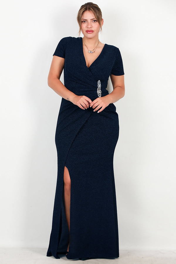 Marineblauwe Glitter - Avondjurk Met Versierde Taille, Korte Mouw — Grote Maten