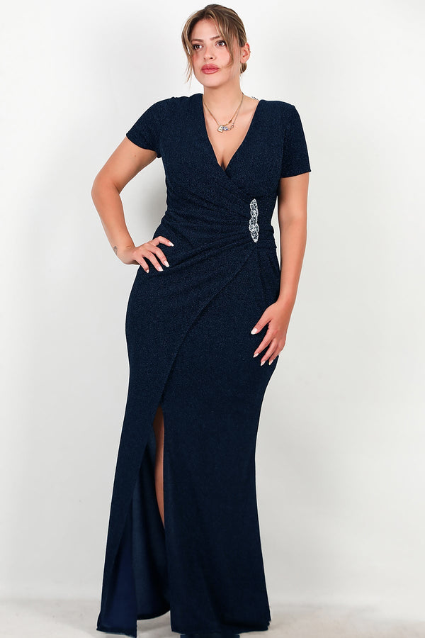 Marineblauwe Glitter - Avondjurk Met Versierde Taille, Korte Mouw — Grote Maten
