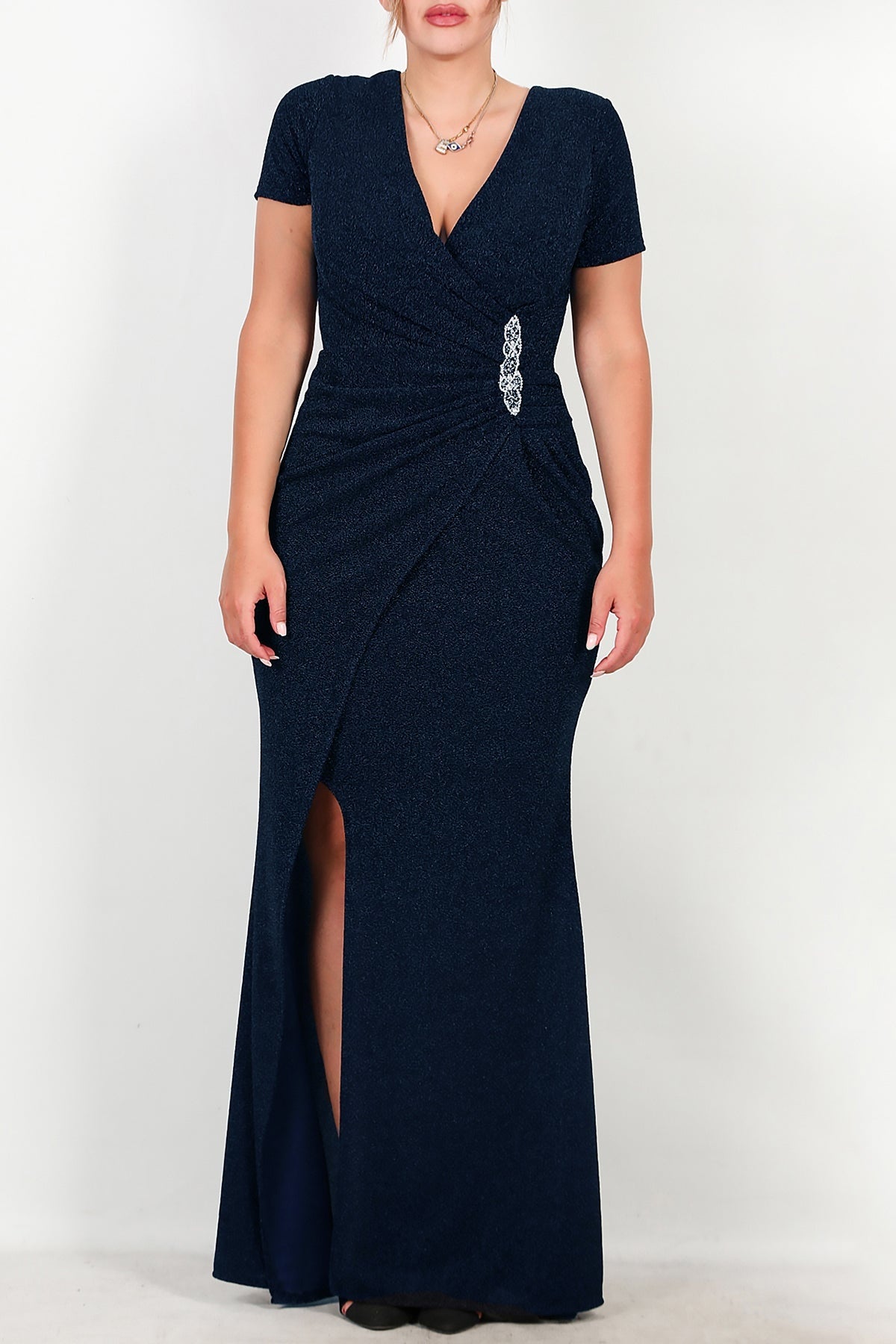 Marineblauwe Glitter - Avondjurk Met Versierde Taille, Korte Mouw — Grote Maten