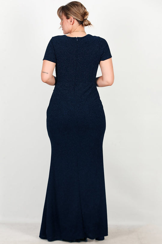 Marineblauwe Glitter - Avondjurk Met Versierde Taille, Korte Mouw — Grote Maten