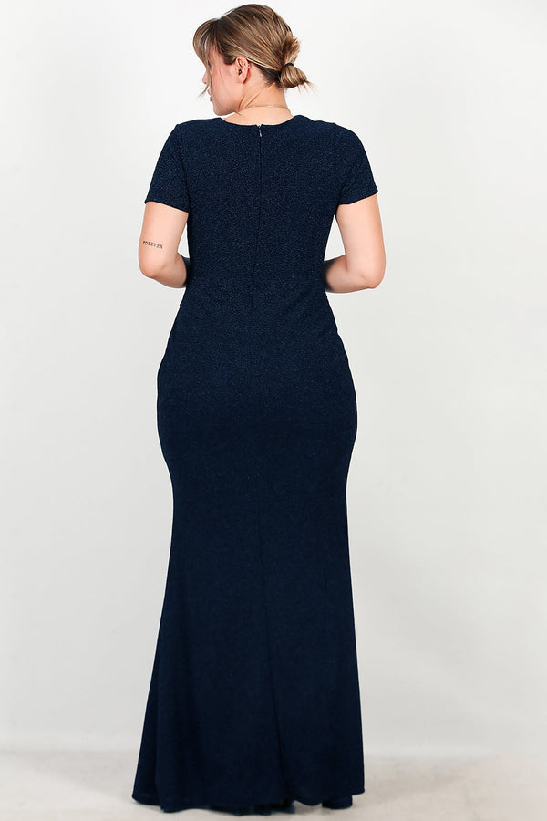 Marineblauwe Glitter - Avondjurk Met Versierde Taille, Korte Mouw — Grote Maten