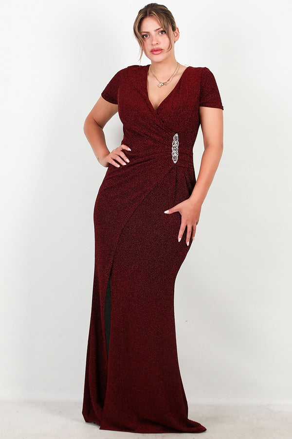 Avondjurk In Grote Maten Met Versierde Taille En Glitter — Bordeaux