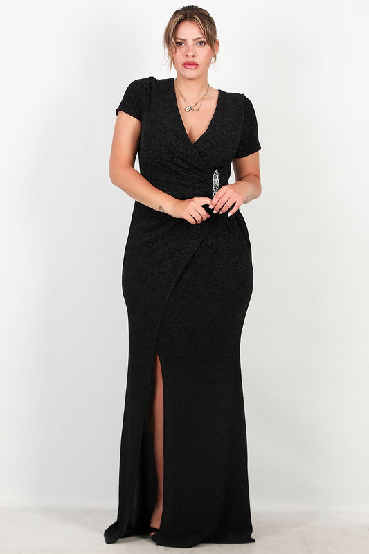 Abendkleid In Großen Größen Mit Verzierter Taille — Schwarz