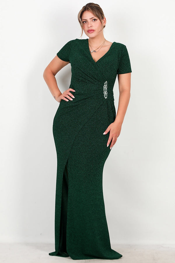 Avondjurk In Grote Maten Met Versierde Taille En Glitter — Smaragd